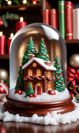 Photo Of Christmas Snow Globe Featuring A Yule Log, Holly Leaves, And Candy Canes On A Bookshelf Filled With Christmas Tale. Generative AIの素材