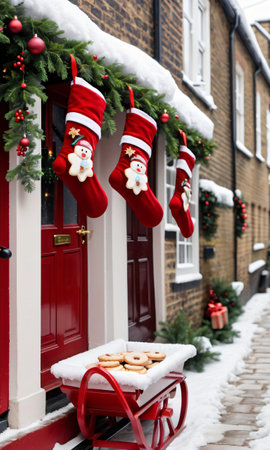 Photo Of Christmas Stockings Hanging From A Sleigh Filled With Mince Pies In A Snowy Alleywa. Generative AIの素材
