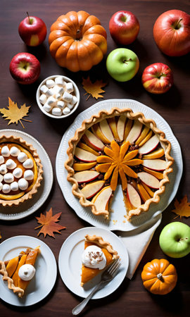 Thanksgiving Apple Tart, Pumpkin Marshmallows, And Spiced Apple Thanksgiving Pi. Generative AIの素材