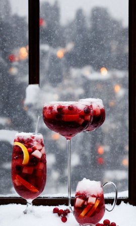 A Christmas Sangria, Set Against A Backdrop Of A Snowy Cityscape, Visible Through A Window, At Twilight. Generative AIの素材