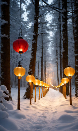 A Snowy Forest Scene Featuring A Path Lined With Lanterns Casting A Warm Glo. Generative AIの素材