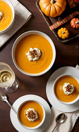 Thanksgiving Butternut Squash Soup, Mashed Potatoes, And Sparkling Cide. Generative AIの素材