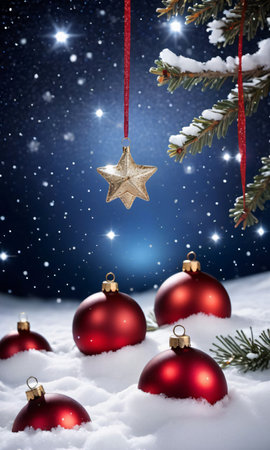 Christmas Baubles And Stars Glistening In The Snow Under The Clear, Starry Nigh. Generative AIの素材