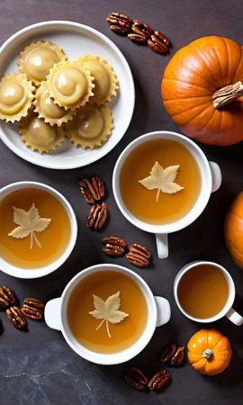 Thanksgiving Spiced Apple Cider, Pecan Rolls, And Pumpkin Raviol. Generative AIの素材