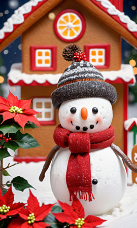 Photo Of Christmas Snowman Holding A Poinsettia Plant Beside A Gingerbread House With Children Sledding In The Backgroun. Generative AIの素材