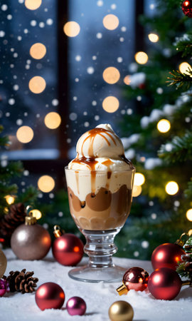 A Christmas Affogato, Set Against A Backdrop Of A Snowy Garden, Illuminated By Fairy Lights. Generative AIの素材
