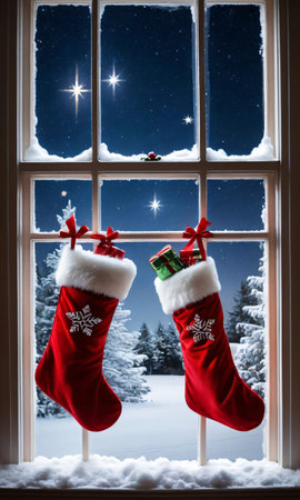 Christmas Stockings And A Snowy Window, With Reflections Of The Starlit Sky Outsid. Generative AIの素材