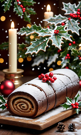 Photo Of Christmas Snowflakes Falling On A Yule Log Surrounded By Holly Leaves, Set In A Rustic Kitche. Generative AIの素材