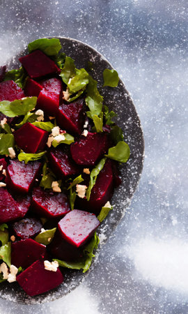 A Christmas Beet Salad, Set Against A Backdrop Of A Snowy Landscape, Visible Through A Frosty Window, At Dawn. Generative AIの素材