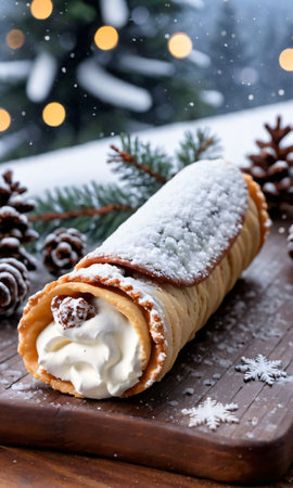 A Christmas Cannoli On A Wooden Surface, With A Snowy Forest In The Background, At Dusk. Generative AIの素材