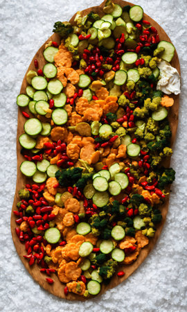 A Christmas Vegetable Platter, Set Against A Backdrop Of A Snowy Window, Illuminated By The Soft Glow Of Indoor Lights. Generative AIの素材