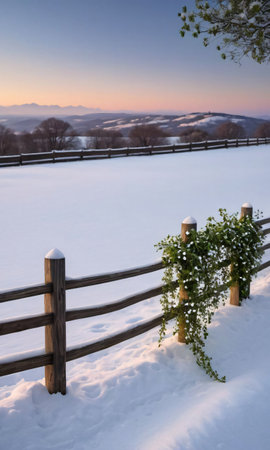 A Wooden Fence Adorned With Mistletoe, Set Against A Snowy Landscape At Dus. Generative AIの素材