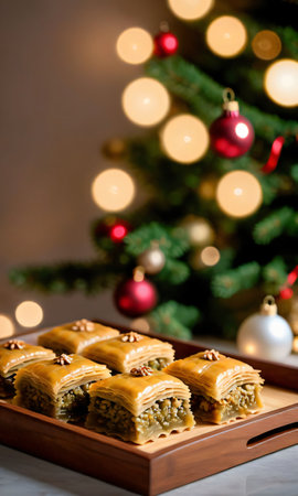 Christmas Baklava On A Wooden Tray, With A Backdrop Of A Lit Christmas Tree, Under The Soft Glow Of Indoor Lights. Generative AIの素材
