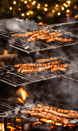 Christmas Bratwurst On A Grill, With A Backdrop Of A Snowy Patio, Under The Warm Glow Of Outdoor Lights. Generative AIの素材