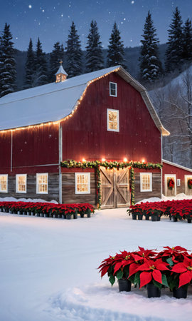 A Snowy Field Featuring A Rustic Barn Adorned With Twinkling Lights And Poinsettia. Generative AIの素材