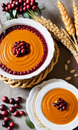 Thanksgiving Cranberry Sauce, Butternut Squash Soup, And A Wheat Sheaf Bouque. Generative AIの素材
