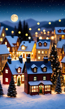 A Christmas Village Display, The Miniature Houses Warmly Lit, With A Backdrop Of A Starry Night. Generative AIの素材