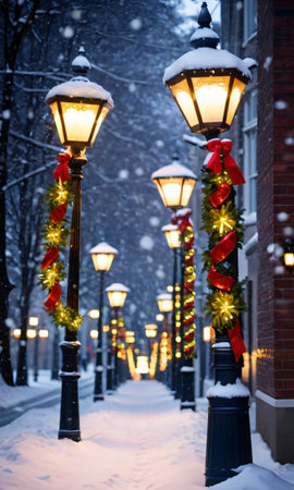 Christmas Garlands Wrapped Around Street Lamps, Illuminating A Snowy Path. Generative AIの素材