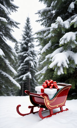 A Christmas Sleigh Filled With Gifts, Captured At A Low Angle, With The Snowy Forest In The Background. Generative AIの素材