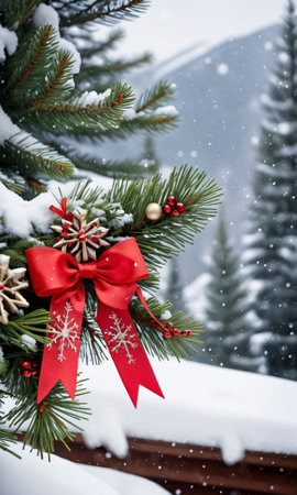 Photo Of Christmas Pine Tree Branches Draped With Red Ribbons, Snowflakes, And Jingle Bells Against A Snowy Mountain Backdro. Generative AIの素材