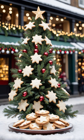 Photo Of Christmas Pine Tree Adorned With Mince Pies, Tinsel, And Star-Shaped Cookies In A Festive Town Squar. Generative AIの素材