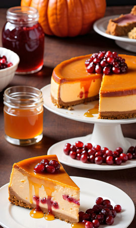 Thanksgiving Pumpkin Cheesecake, Cranberry Jelly, And Honey-Glazed Ha. Generative AIの素材