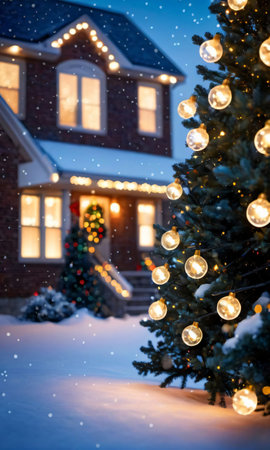 Christmas Lights Twinkling Brightly Against The Backdrop Of A Snowy Evening. Generative AIの素材