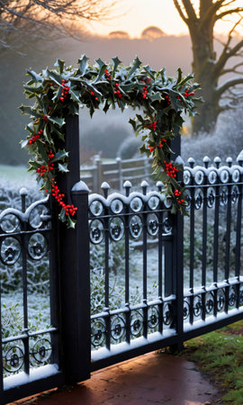 Mistletoe And Holly Adorning A Frosty Gate, Illuminated By The Warm Glow Of Twiligh. Generative AIの素材