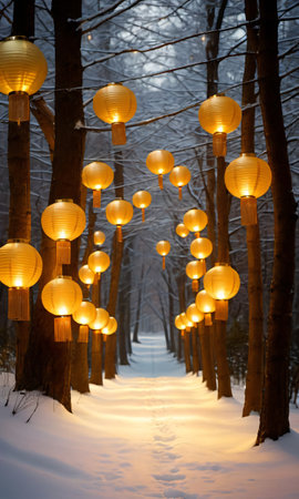 A Winter Forest Scene Featuring A Path Lined With Lanterns Casting A Warm, Golden Glo. Generative AIの素材