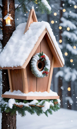Photo Of Christmas Snow-Covered Birdhouse With Fairy Lights And A Wreath On Top, Set Against The Backdrop Of A Serene Winter Fores. Generative AIの素材