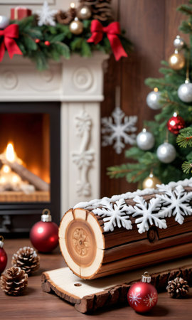 Photo Of Christmas Snowflakes Falling On A Nutcracker Beside A Yule Log With A Backdrop Of A Cozy Cottage Interio. Generative AIの素材