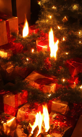 Christmas Presents Hidden Under A Tree, The Wrapping Paper Shimmering In The Firelight. Generative AIの素材