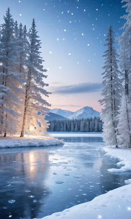 A Winter Landscape Featuring A Frozen Lake With A Backdrop Of Snow-Covered Trees Adorned With Twinkling Light. Generative AIの素材