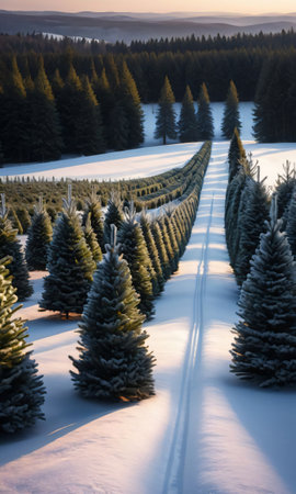 A Christmas Tree Farm At Dusk, The Trees Casting Long Shadows On The Snow-Covered Ground. Generative AIの素材