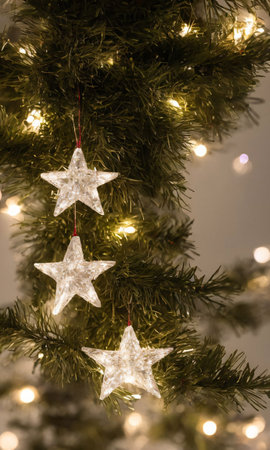 A Christmas Star Decoration Hanging From A Tree, Sparkling Under The Streetlights. Generative AIの素材