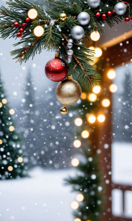 Photo Of Christmas Pine Tree Branches Draped With Jingle Bells, Fairy Lights, And Snowflakes Against A Backdrop Of A Winter Wonderlan. Generative AIの素材