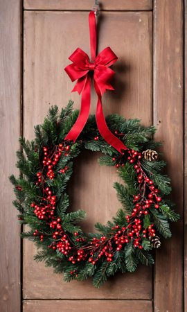 Photo Of Christmas Wreath With Red Berrie. Generative AIの素材