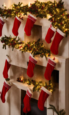 Christmas Stockings Hanging From A Mantle, The Room Lit By The Soft Glow Of A Nearby Christmas Tree. Generative AIの素材