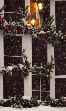 Christmas Decorations Adorning A Snowy Window Ledge, Illuminated By Streetlights. Generative AIの素材