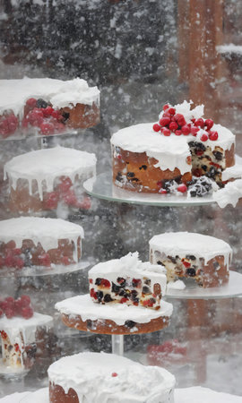 A Christmas Cake Displayed In A Bakery Window, The Street Outside Covered In Snow. Generative AIの素材