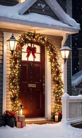 A Festive Wreath And Ribbons Hanging On A Snowy Porch, Illuminated By The Warm Glow Of Streetlight. Generative AIの素材