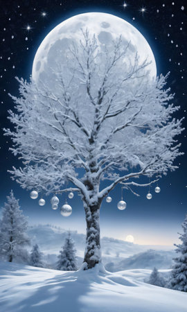 A Moonlit Winter Landscape With A Snow-Covered Tree Adorned With Glistening Ornament. Generative AIの素材
