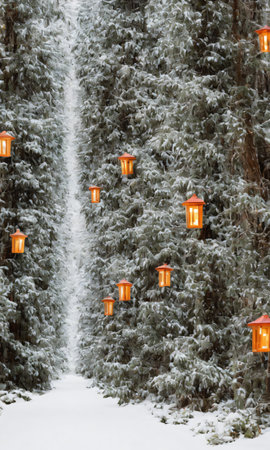 Christmas Lanterns Illuminating A Path Through A Snowy Forest. Generative AIの素材