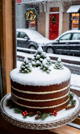 A Christmas Cake Displayed In A Bakery Window, The Street Outside Covered In Snow. Generative AIの素材