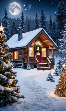 A Moonlit Snowy Scene Featuring A Cozy Cabin Adorned With A Festive Wreath And Twinkling Light. Generative AIの素材