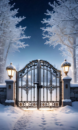 A Snowy Landscape Featuring A Frosty Gate Adorned With Garlands And Stars, Illuminated By Streetlight. Generative AIの素材