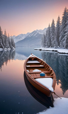 A Decorated Boat Floating On A Calm, Snowy Lake At Dawn. Generative AIの素材