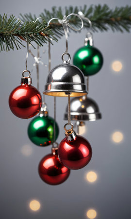 Photo Of Christmas Jingle Bells On A Silver Strin. Generative AIの素材