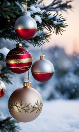 Christmas Decorations Hanging From A Snowy Tree, Captured In The Soft Light Of Dawn. Generative AIの素材