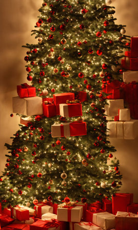 Christmas Presents Stacked Under A Tree, The Room Lit By The Soft Glow Of Fairy Lights. Generative AIの素材